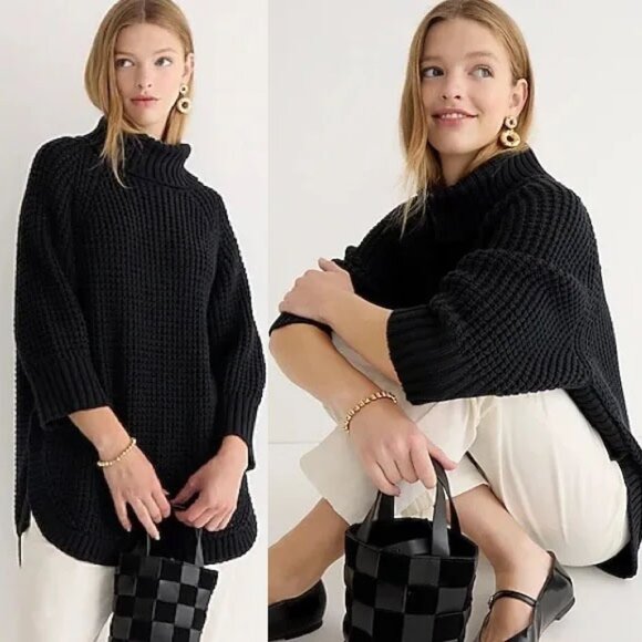 J. Crew Sweaters - J.CREW Turtleneck Cotton Poncho M/L $155 Black Button 3/4 Sleeve Chunky Longline